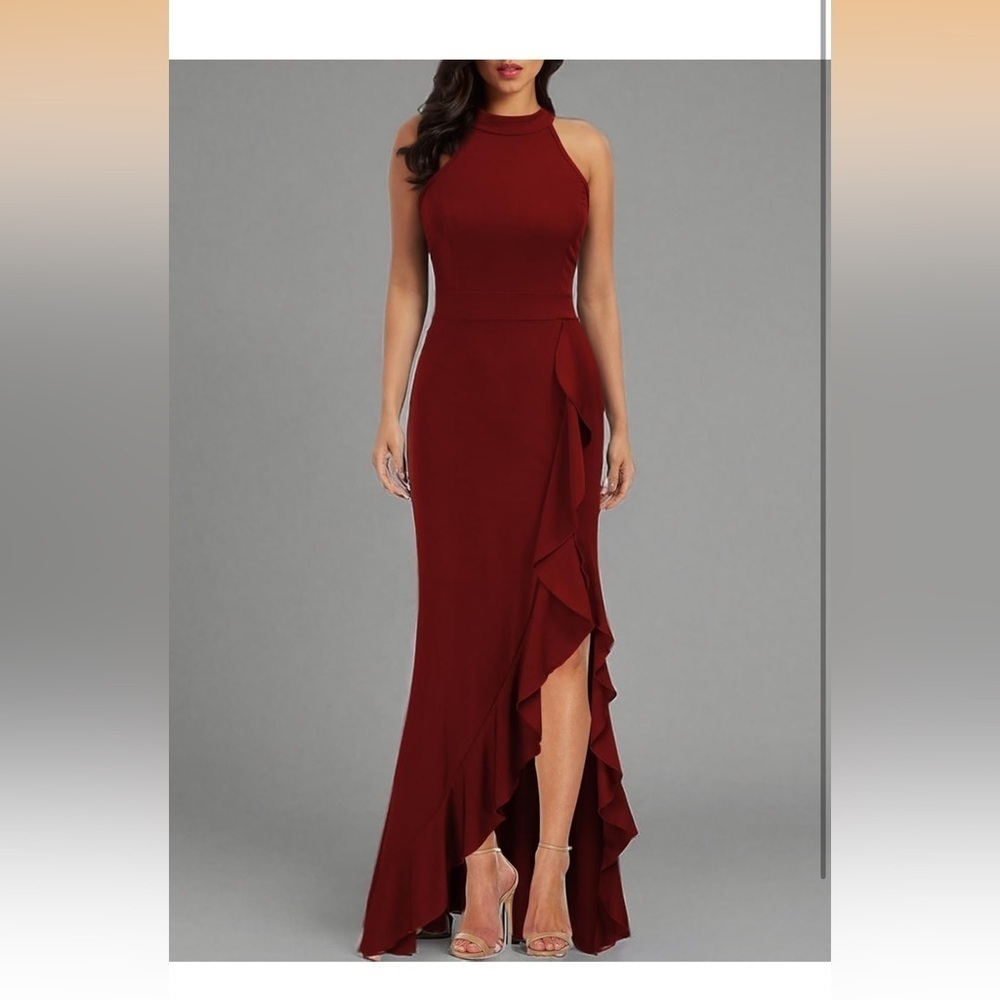 Chic Asymmetrical Burgundy Dress high neck split Bodycon Mermaid cocktail 96/DC
